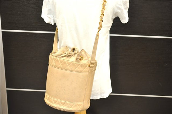 Authentic CHANEL Lamb Skin Matelasse Bucket Type Chain Shoulder Bag Beige 2169D