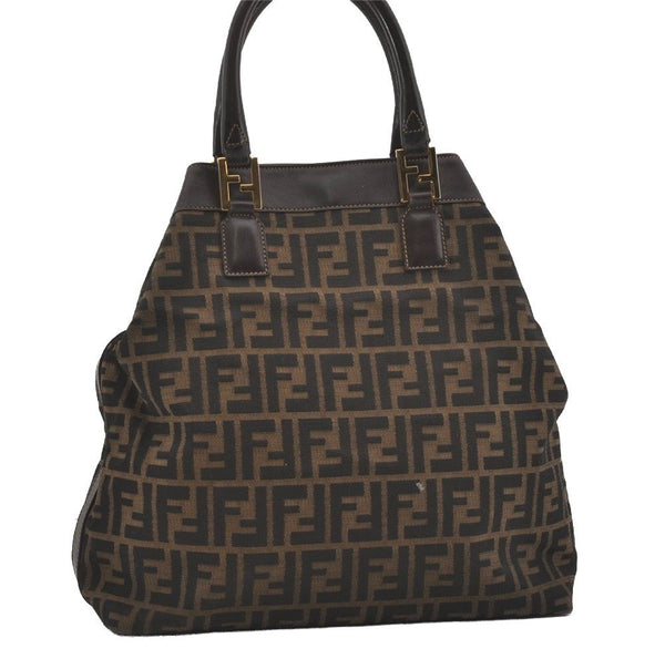 Authentic FENDI Zucca Shoulder Hand Tote Bag Canvas Leather Brown Black 2170I