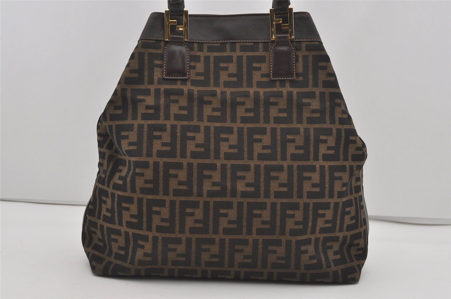 Authentic FENDI Zucca Shoulder Hand Tote Bag Canvas Leather Brown Black 2170I