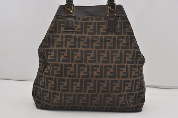 Authentic FENDI Zucca Shoulder Hand Tote Bag Canvas Leather Brown Black 2170I