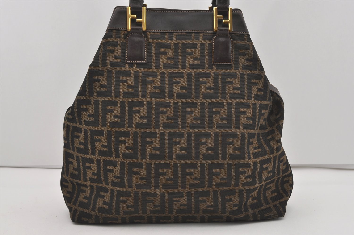Authentic FENDI Zucca Shoulder Hand Tote Bag Canvas Leather Brown Black 2170I