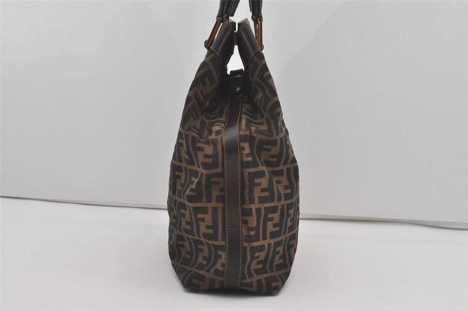 Authentic FENDI Zucca Shoulder Hand Tote Bag Canvas Leather Brown Black 2170I