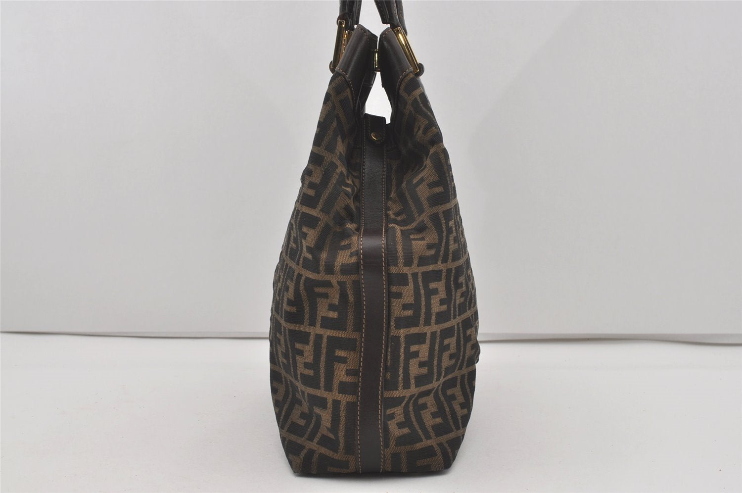 Authentic FENDI Zucca Shoulder Hand Tote Bag Canvas Leather Brown Black 2170I