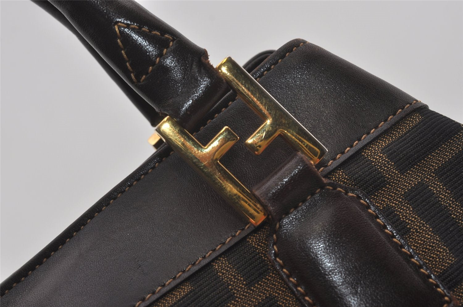 Authentic FENDI Zucca Shoulder Hand Tote Bag Canvas Leather Brown Black 2170I