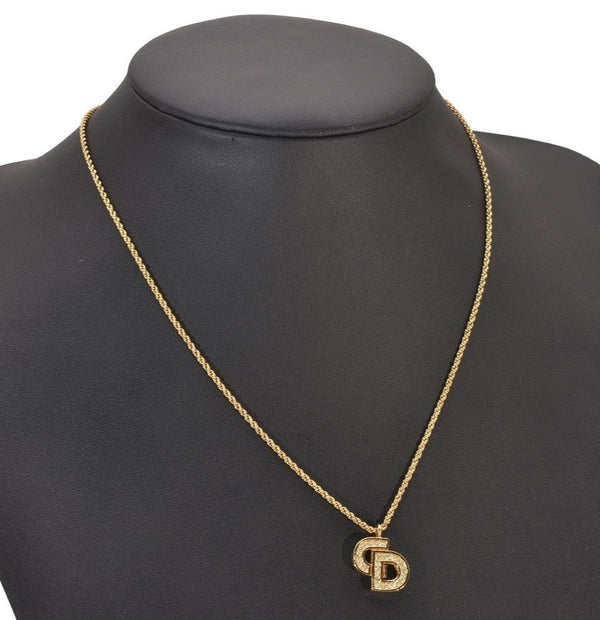 Authentic Christian Dior Gold Tone Rhinestone Chain Pendant Necklace CD 2171I