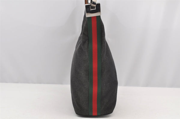Authentic GUCCI Web Sherry Line Shoulder Bag Canvas Leather 01234 Black 2172I