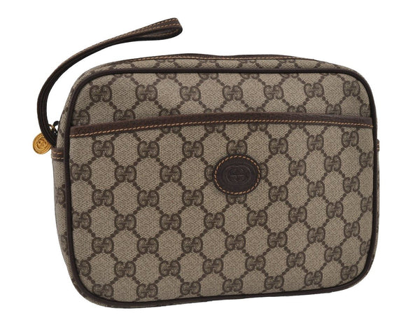 Authentic GUCCI Vintage Clutch Hand Bag Purse GG PVC Leather Brown 2175I