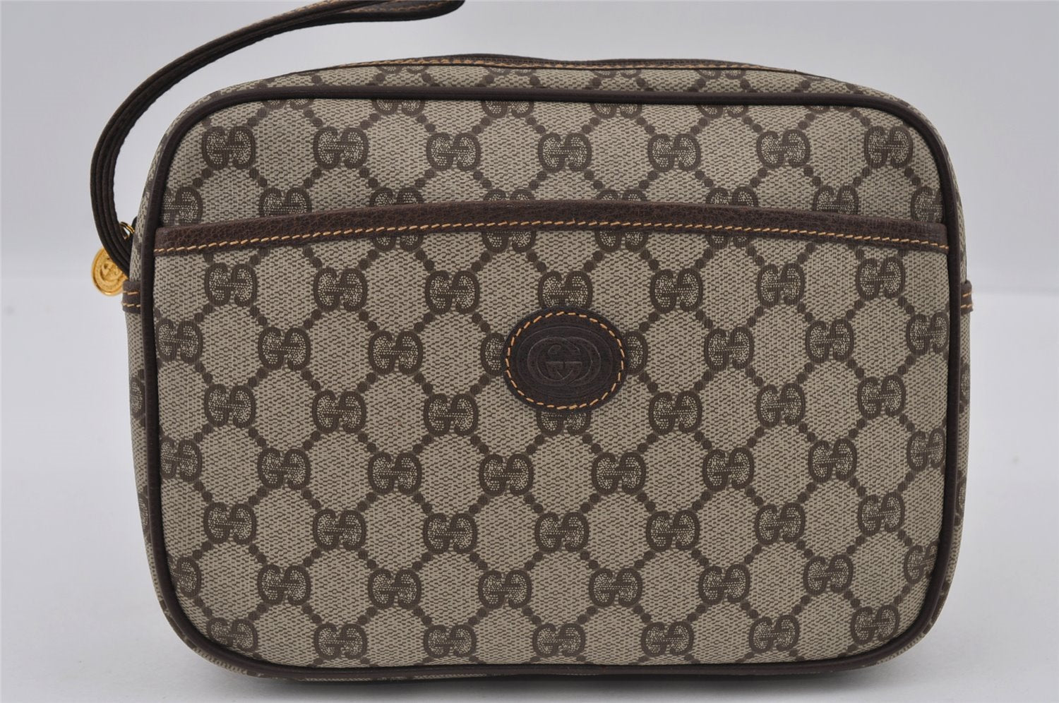 Authentic GUCCI Vintage Clutch Hand Bag Purse GG PVC Leather Brown 2175I