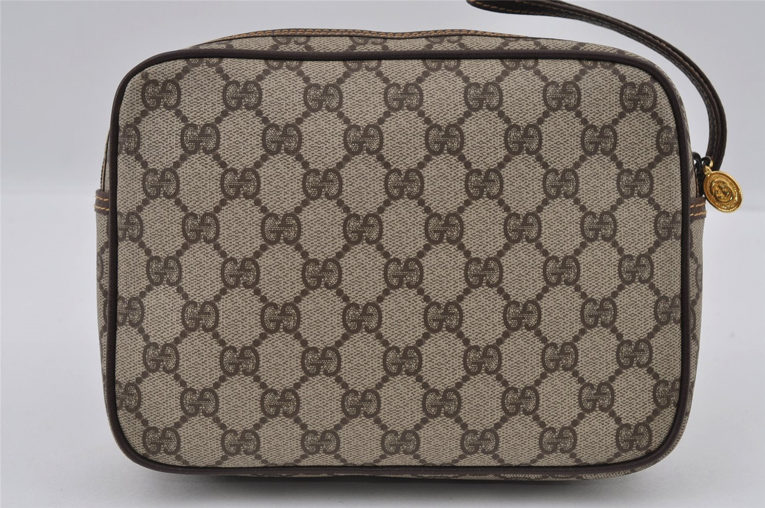 Authentic GUCCI Vintage Clutch Hand Bag Purse GG PVC Leather Brown 2175I