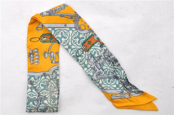 Authentic HERMES Twilly Scarf Metal Fittings Design Silk Yellow 2177D