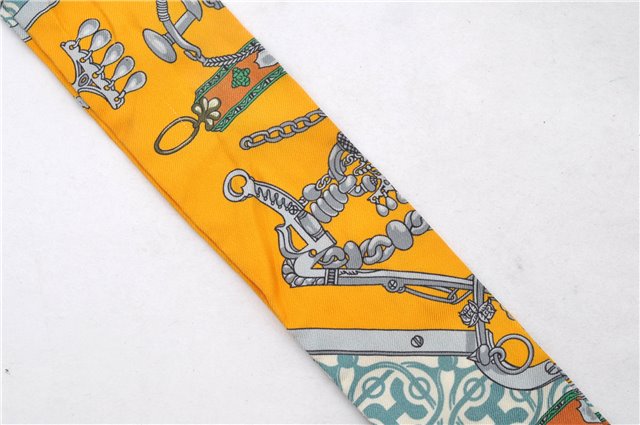 Authentic HERMES Twilly Scarf Metal Fittings Design Silk Yellow 2177D