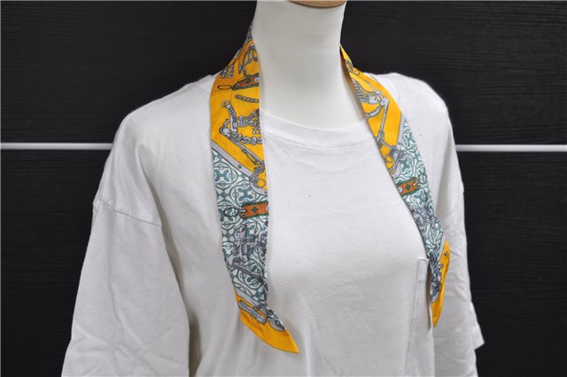 Authentic HERMES Twilly Scarf Metal Fittings Design Silk Yellow 2177D