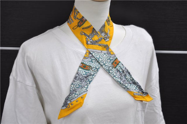 Authentic HERMES Twilly Scarf Metal Fittings Design Silk Yellow 2177D