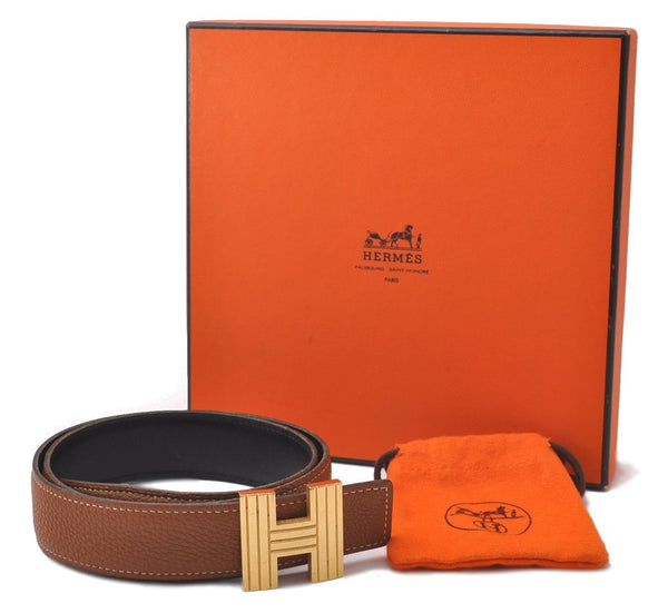 Auth HERMES Ladies Leather Belt Reversible Size 70cm 27.6" Brown Black Box 2178D