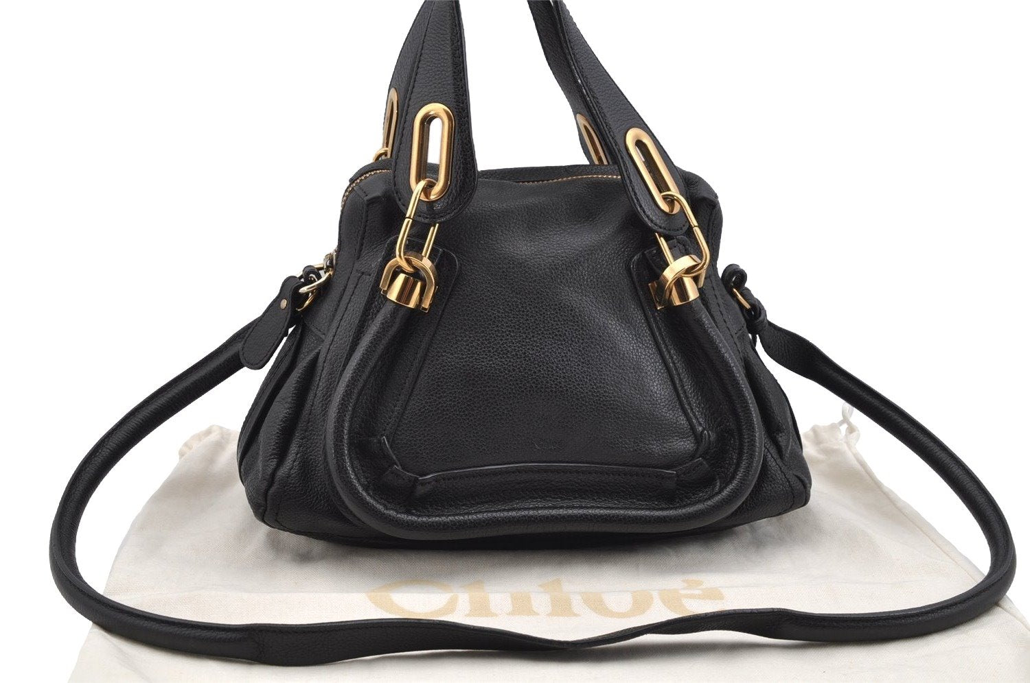 Authentic Chloe Paraty Small 2Way Shoulder Cross Hand Bag Leather Black 2179I