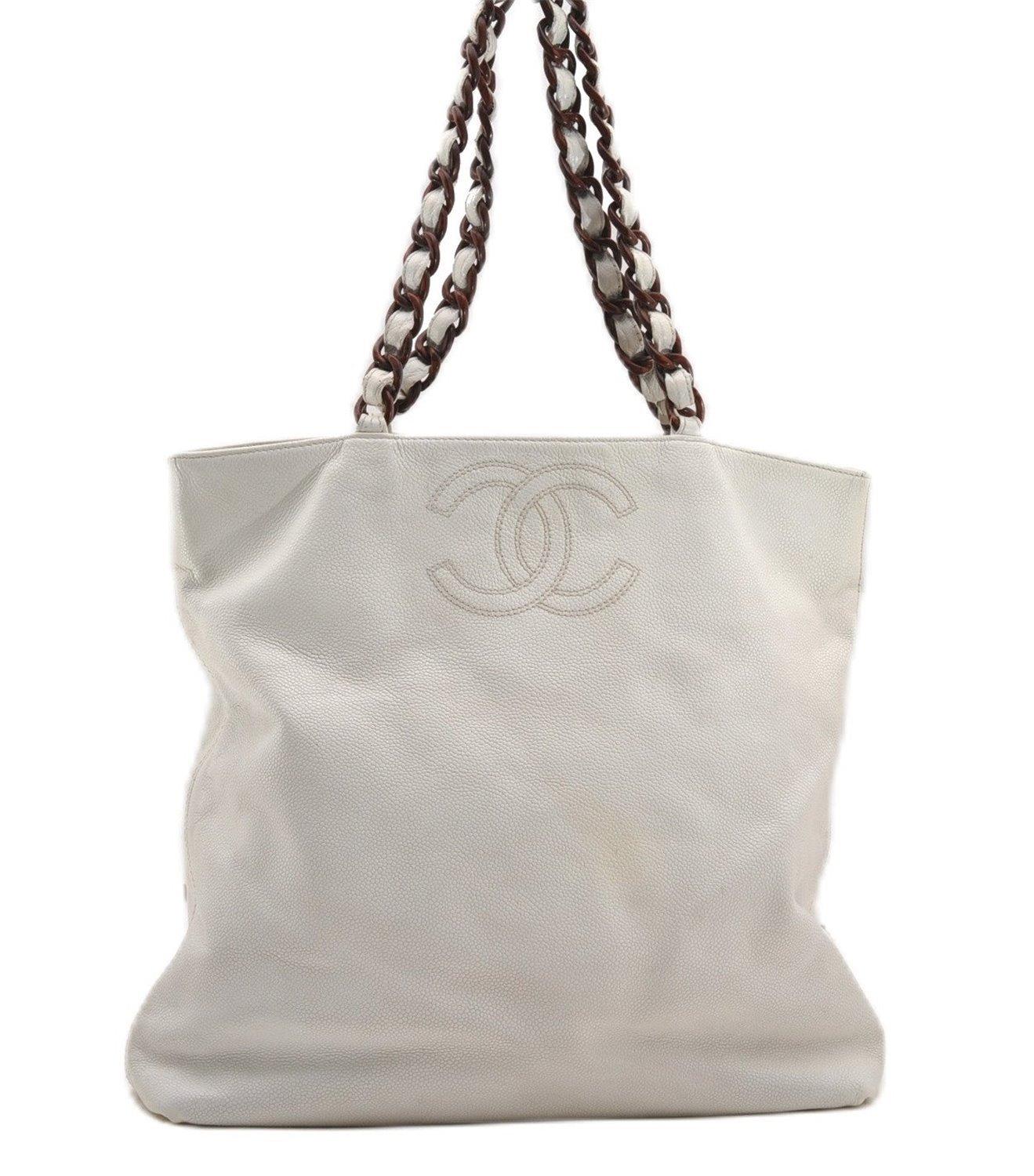 Authentic CHANEL Vintage Caviar Skin CC Logo Shoulder Tote Bag White 2192G