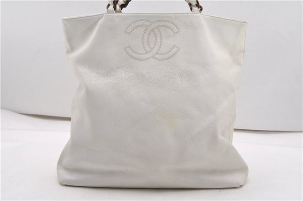 Authentic CHANEL Vintage Caviar Skin CC Logo Shoulder Tote Bag White 2192G