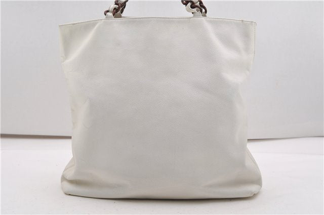 Authentic CHANEL Vintage Caviar Skin CC Logo Shoulder Tote Bag White 2192G