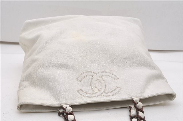 Authentic CHANEL Vintage Caviar Skin CC Logo Shoulder Tote Bag White 2192G