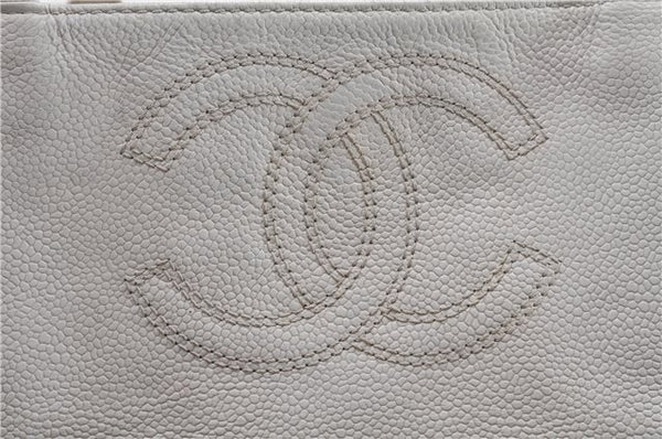 Authentic CHANEL Vintage Caviar Skin CC Logo Shoulder Tote Bag White 2192G