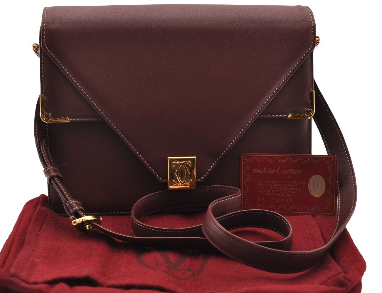 Authentic Cartier Must de Cartier Leather Shoulder Cross Body Bag Bordeaux 2195I