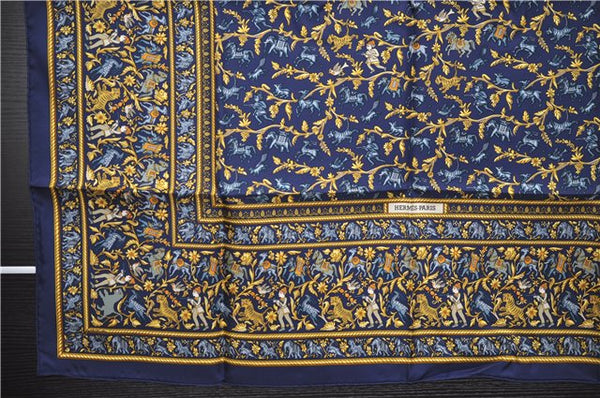 Authentic HERMES Carre 90 Scarf "CHASSE EN INDE" Silk Navy Box 2196E