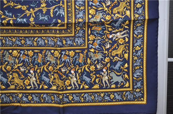 Authentic HERMES Carre 90 Scarf "CHASSE EN INDE" Silk Navy Box 2196E