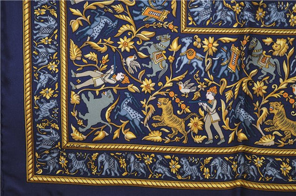 Authentic HERMES Carre 90 Scarf "CHASSE EN INDE" Silk Navy Box 2196E