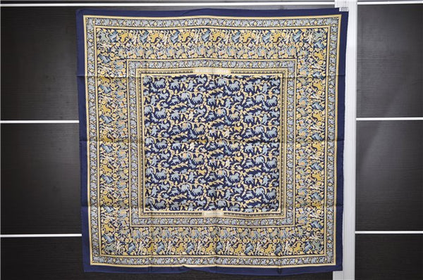 Authentic HERMES Carre 90 Scarf "CHASSE EN INDE" Silk Navy Box 2196E