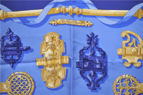 Authentic HERMES Carre 90 Scarf "FERRONNERIE" Silk Blue Box 2197E