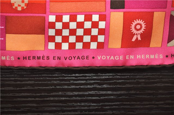 Authentic HERMES Carre 90 Scarf "HERMES EN VOYAGE" Silk Brown Pink Box 2198E