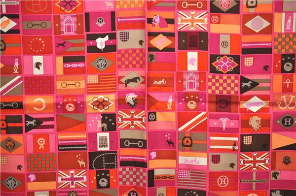 Authentic HERMES Carre 90 Scarf "HERMES EN VOYAGE" Silk Brown Pink Box 2198E