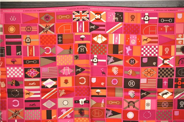 Authentic HERMES Carre 90 Scarf "HERMES EN VOYAGE" Silk Brown Pink Box 2198E