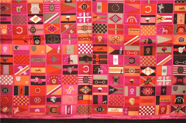 Authentic HERMES Carre 90 Scarf "HERMES EN VOYAGE" Silk Brown Pink Box 2198E