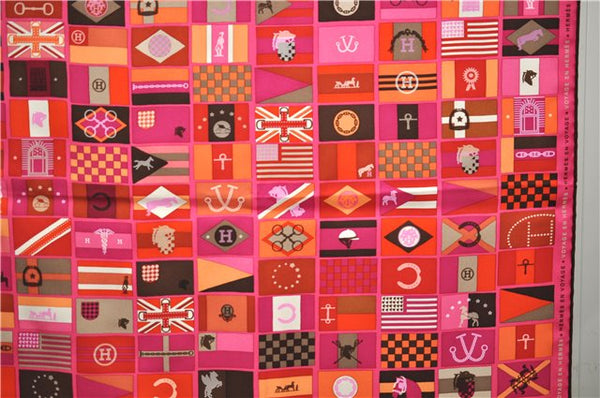 Authentic HERMES Carre 90 Scarf "HERMES EN VOYAGE" Silk Brown Pink Box 2198E