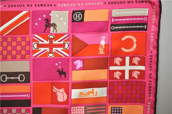 Authentic HERMES Carre 90 Scarf "HERMES EN VOYAGE" Silk Brown Pink Box 2198E