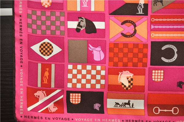 Authentic HERMES Carre 90 Scarf "HERMES EN VOYAGE" Silk Brown Pink Box 2198E