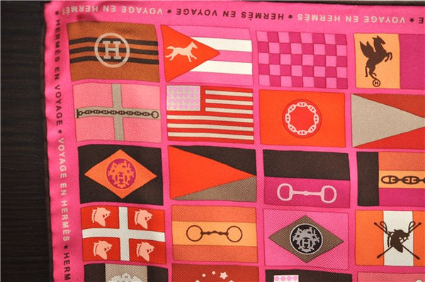 Authentic HERMES Carre 90 Scarf "HERMES EN VOYAGE" Silk Brown Pink Box 2198E