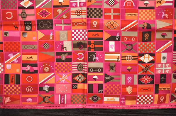 Authentic HERMES Carre 90 Scarf "HERMES EN VOYAGE" Silk Brown Pink Box 2198E