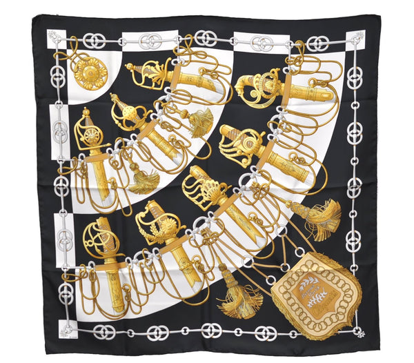 Authentic HERMES Carre 90 Scarf "Cliquetis" Silk Black Box 2200E