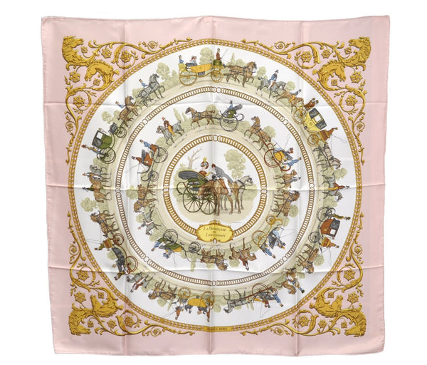 Authentic HERMES Carre 90 Scarf "LA PROMENADE DE LONGCHAMPS" Silk Pink 2201E