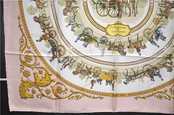 Authentic HERMES Carre 90 Scarf "LA PROMENADE DE LONGCHAMPS" Silk Pink 2201E