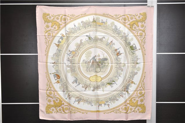 Authentic HERMES Carre 90 Scarf "LA PROMENADE DE LONGCHAMPS" Silk Pink 2201E