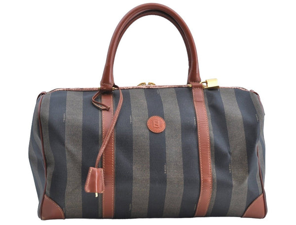 Authentic FENDI Pequin Pattern PVC Leather Travel Boston Bag Brown 2203H