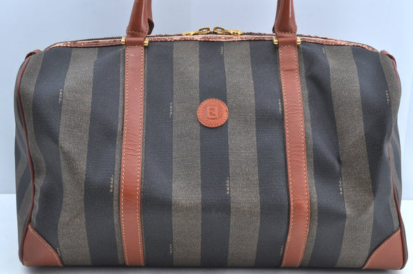 Authentic FENDI Pequin Pattern PVC Leather Travel Boston Bag Brown 2203H