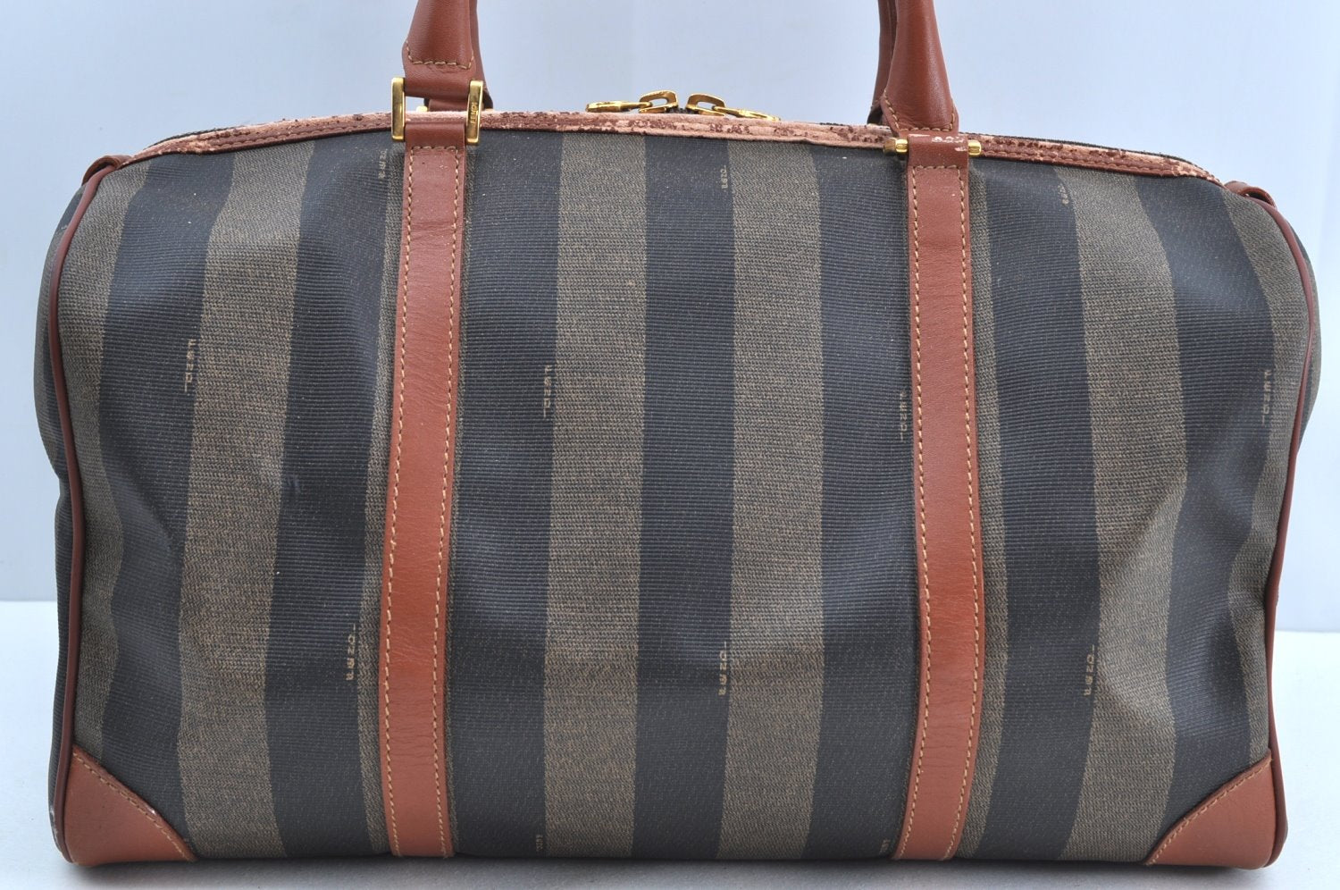Authentic FENDI Pequin Pattern PVC Leather Travel Boston Bag Brown 2203H