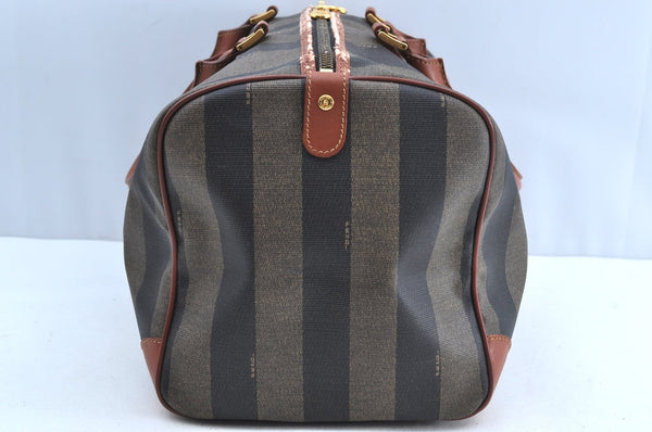 Authentic FENDI Pequin Pattern PVC Leather Travel Boston Bag Brown 2203H