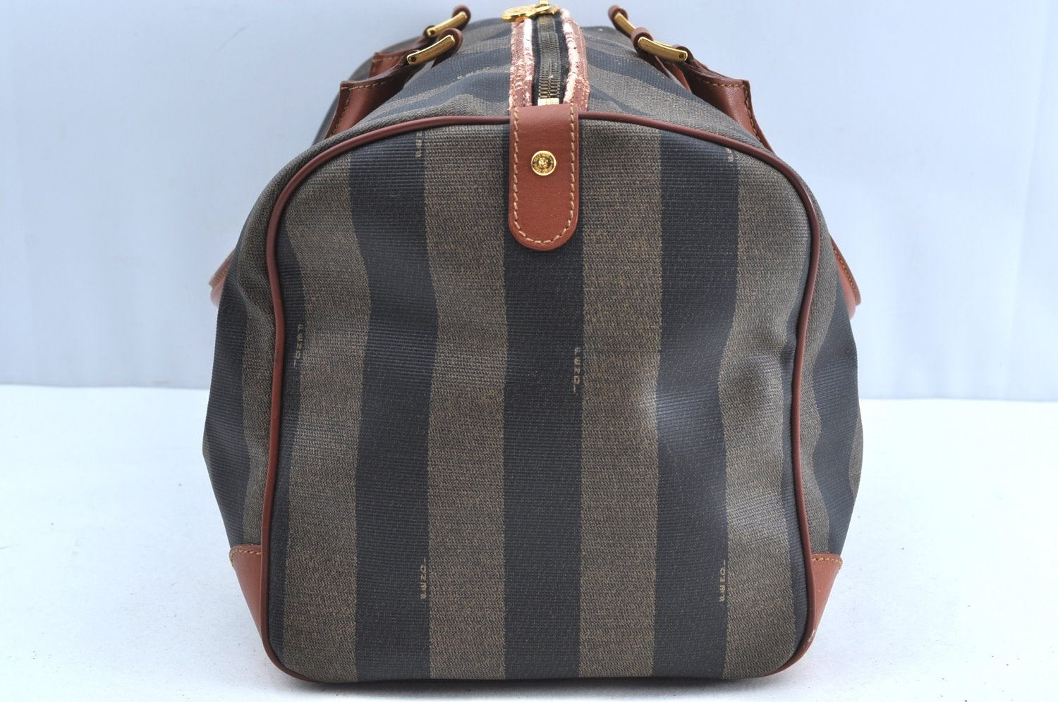 Authentic FENDI Pequin Pattern PVC Leather Travel Boston Bag Brown 2203H