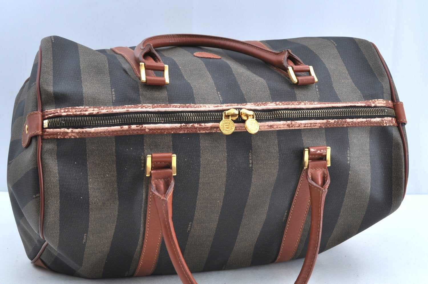 Authentic FENDI Pequin Pattern PVC Leather Travel Boston Bag Brown 2203H