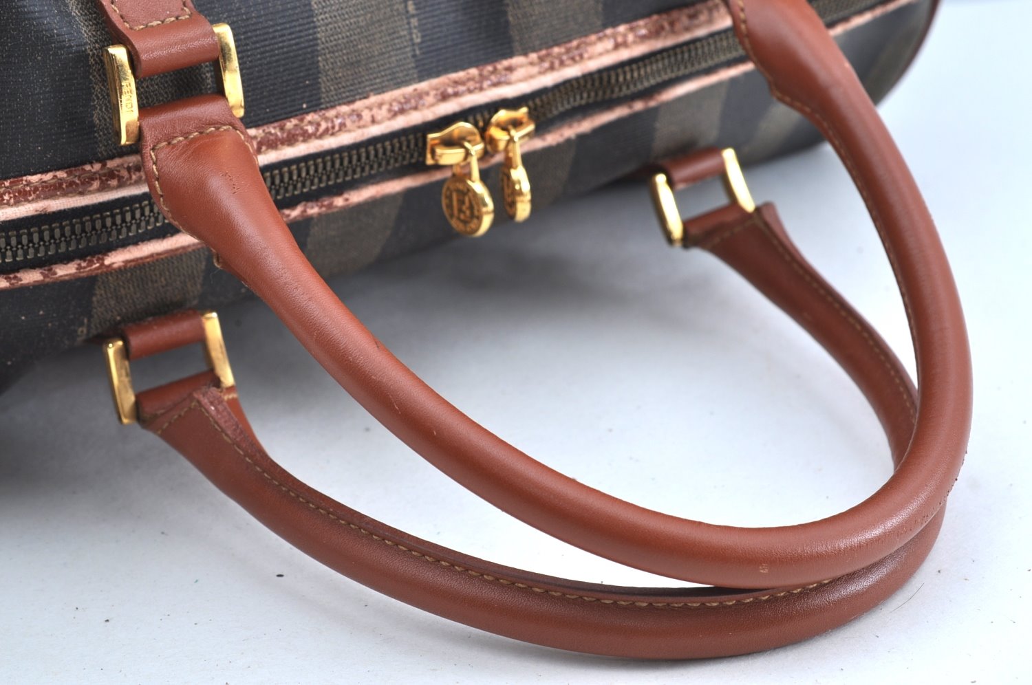 Authentic FENDI Pequin Pattern PVC Leather Travel Boston Bag Brown 2203H